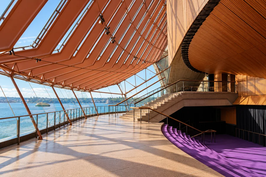 Sunlit glazed foyer inside the Sydney Opera House